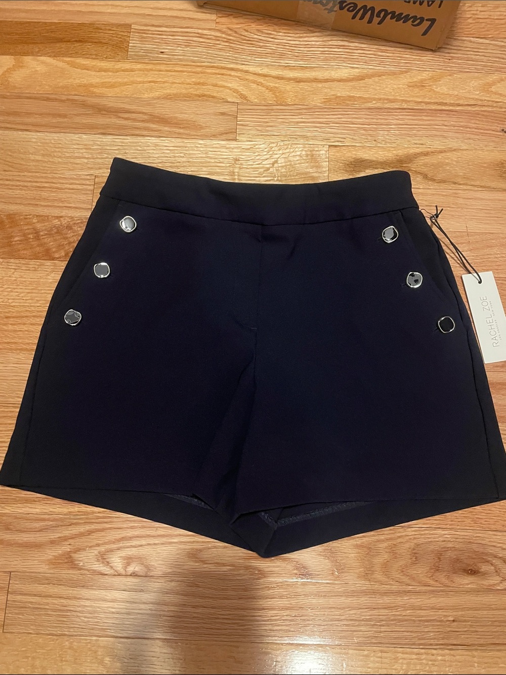 Rachel Zoe Navy High-Waist Shorts with Silver Button Detail